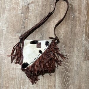 Brown and White Fringe Shoulder Bag